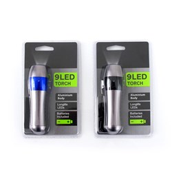 Torch Aluminium 9 Led Silver w Black or Blue Band Asstd