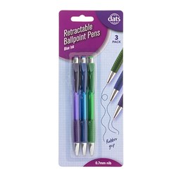 Pen Ballpoint Retractable with Rubber Grip 3pk Blue Ink