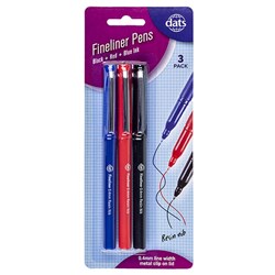 Pen Fineliner 3pk w Metal Clip Mixed Black Blue Red Ink