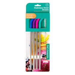 Straws S/Steel w Col Silicone Tip Pk4 w Cleaning Brush