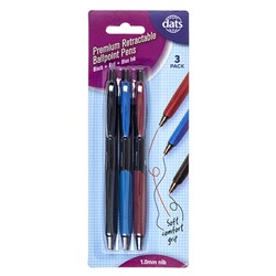 Pen Ballpoint Retractable Prem w Grip 3pk Mixed B/B/R Ink