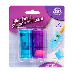 Sharpener Pencil 1 Hole w Eraser 2pk Mixed Cols