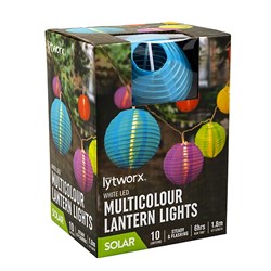 Lights M/Col Chinese Lantern w White Leds Solar 2F Pk10
