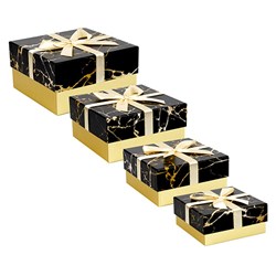 Gift Box Xmas Set 4 Square Black w Gold Foil and Bow