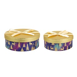 Gift Box Xmas Set 2 Round w Gold Foil and Bow
