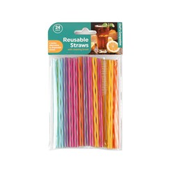 Straws Reusable Asstd Col Straight w Cleaner 24pk 14cm