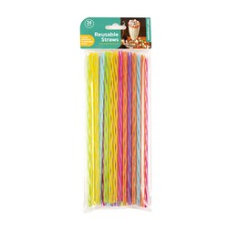 Straws Reusable 4 Asst Straight w Cleaner 24pk 25cm