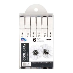 Markers Dual Tip Grey Colours 6Pk