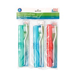 Toothbrush 3pk w Travel Case Asst Cols