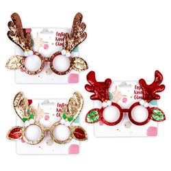 Glasses Glitter Reindeer w/ Ears Xmas 3 Asstd