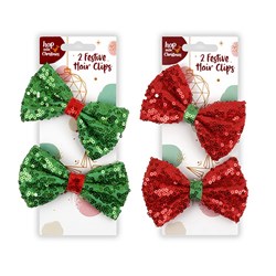 Hair Clip Sequin Bow 2pk Xmas 2 Asstd
