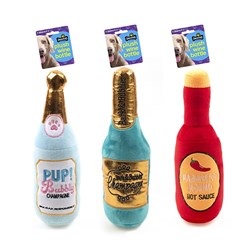 Dog Toy Plush Wine Bottle 26x7.5cm Squeaky 3 Asstd