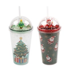 Cup Xmas w Straw & Lid 450mL 2 Asst Designs