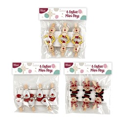 Xmas Pegs Mini Pince 6pk 3 Asst