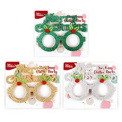 Glasses Glitter Novelty Xmas "Merry Xmas" 3 Asst