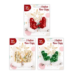 Hair Clip Novelty Xmas w Antler 2pk 7cm 3 Asst Cols