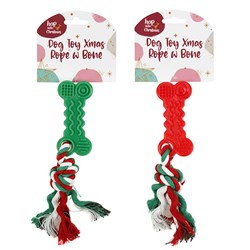 Dog Toy Xmas Rope w Bone 20cm 2 Asst Cols