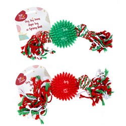 Dog Toy Xmas Rope Tug w Spikey Ball 8x25cm