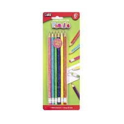 Pencil Glitter Barrel HB 6pk w Eraser