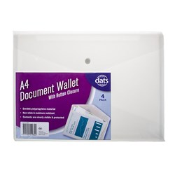 Document Wallet PP w Button Closure A4 4pk Clear SRT