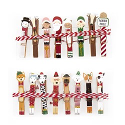 Xmas Pegs Wooden 8pk w Twine 1.5m Asst Designs