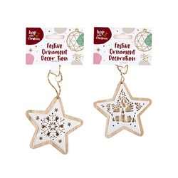 Decoration Xmas Ornaments Tree Wood Star 10cm 2 Asst