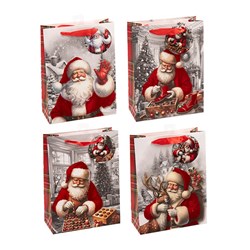 Gift Bag Xmas Flocked 210gsm M w JHook Santa Asst