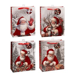 Gift Bag Xmas Flocked 210gsm L w JHook Santa Asst