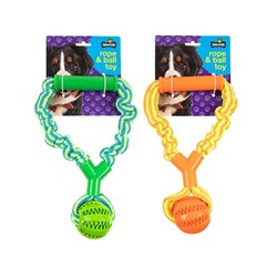 Dog Toy Tug Cotton Rope w TPR Ball/Handle 2 Asstd Cols