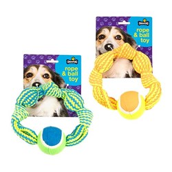 Dog Toy Ring Cotton Rope w Tennis Ball 2 Asstd Colours
