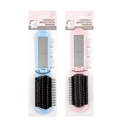 Hair Brush w Mirror Foldable Travel 2 Asst