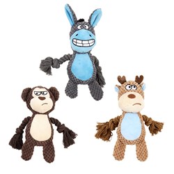 Dog Toy Plush w Crinkly Leg Rope Arm & Squeaker 3 Asstd