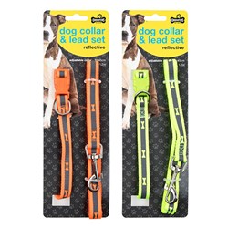 Dog Collar 30cm-45cm & Lead 1.2m Set Reflective 2 Cols