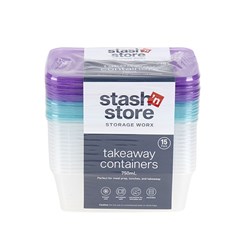Container Takeaway Plastic Coloured Lid 750ml 15pk