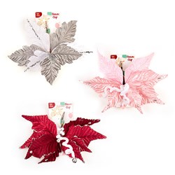 Decoration Xmas Ornaments Flower w Clip On 36cm 3 Asst