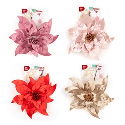 Decoration Xmas Ornaments Flower w Clip On 4 Asst