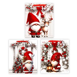 Gift Bag Xmas Flocked 210gsm L w JHook Santa Gnome Asst