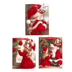 Gift Bag Xmas Flocked 210gsm M w JHook Santa Asst