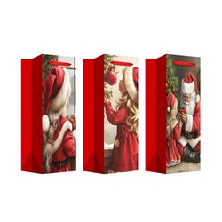 Gift Bag Xmas Flocked 210gsm Bottle w JHook Santa