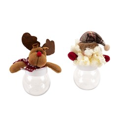 Candy Bag Jar Xmas w Plush Toy Lid 15x8cm 2 Asst