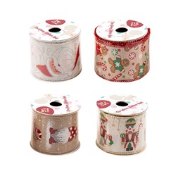 Gift Ribbon Xmas 63x270cm w Print 4 Asst PDQ