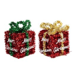 Decoration Xmas Table Tinsel 3D Gift Box 10x10cm 2 Asst