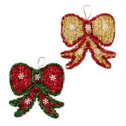 Decoration Xmas Hanging Sign Tinsel Bow 28x27cm 2 Asst
