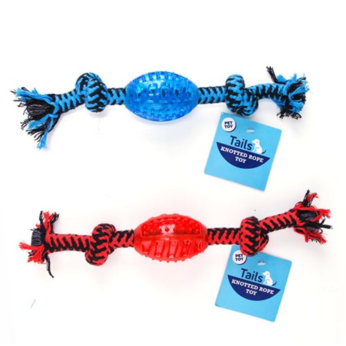 58346 Dog Toy Rope w TPR Football 29cm 2 Asstd Colours Tails Dats