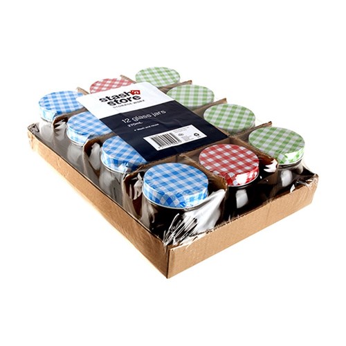 59947 Glass Jar w Checkered Lid 3 Asstd Cols 270ml Pk12 Dats