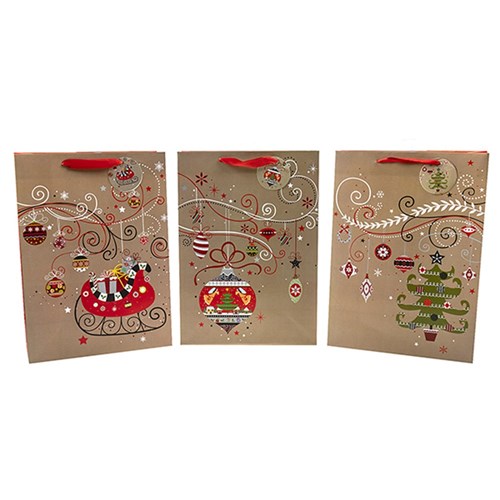 60416 - Gift Bag Xmas 210gsm Faux Kraft XLrge wJhook 3 Astd - Dats