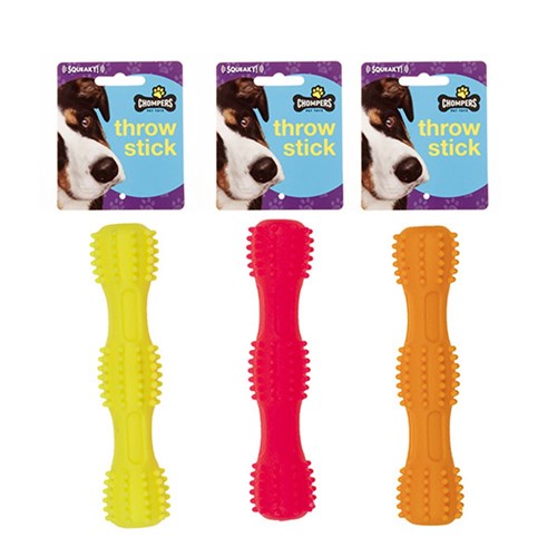 61196 Dog Toy Throw Stick Squeaky 17cm 3 Asstd Colours Dats