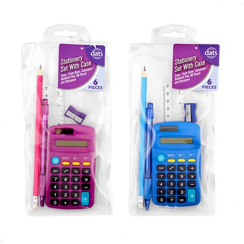 61277 Set Stationery 6pc w Bag Ruler Calculator Pen Pencil Sharpner