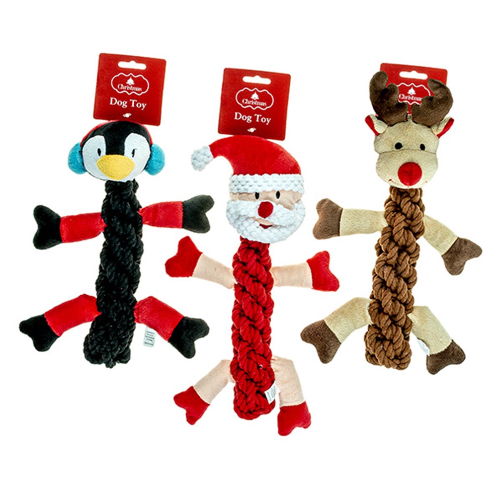 57227 Dog Toy Xmas Braided Rope Plush 3 Asstd Dats