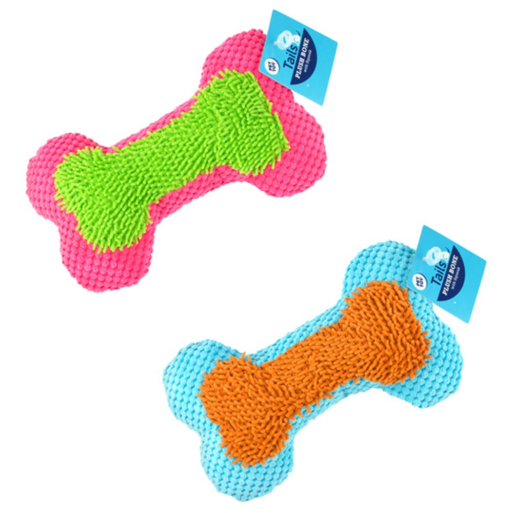 58347 Dog Toy Soft Plush Bone 25cm w Squeak 2 Asstd Colours Tails Dats